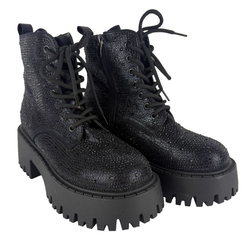 Azalea Wang Jekyll Black Rhinestone Combat Boots Womens Size 9 Platform Bootie